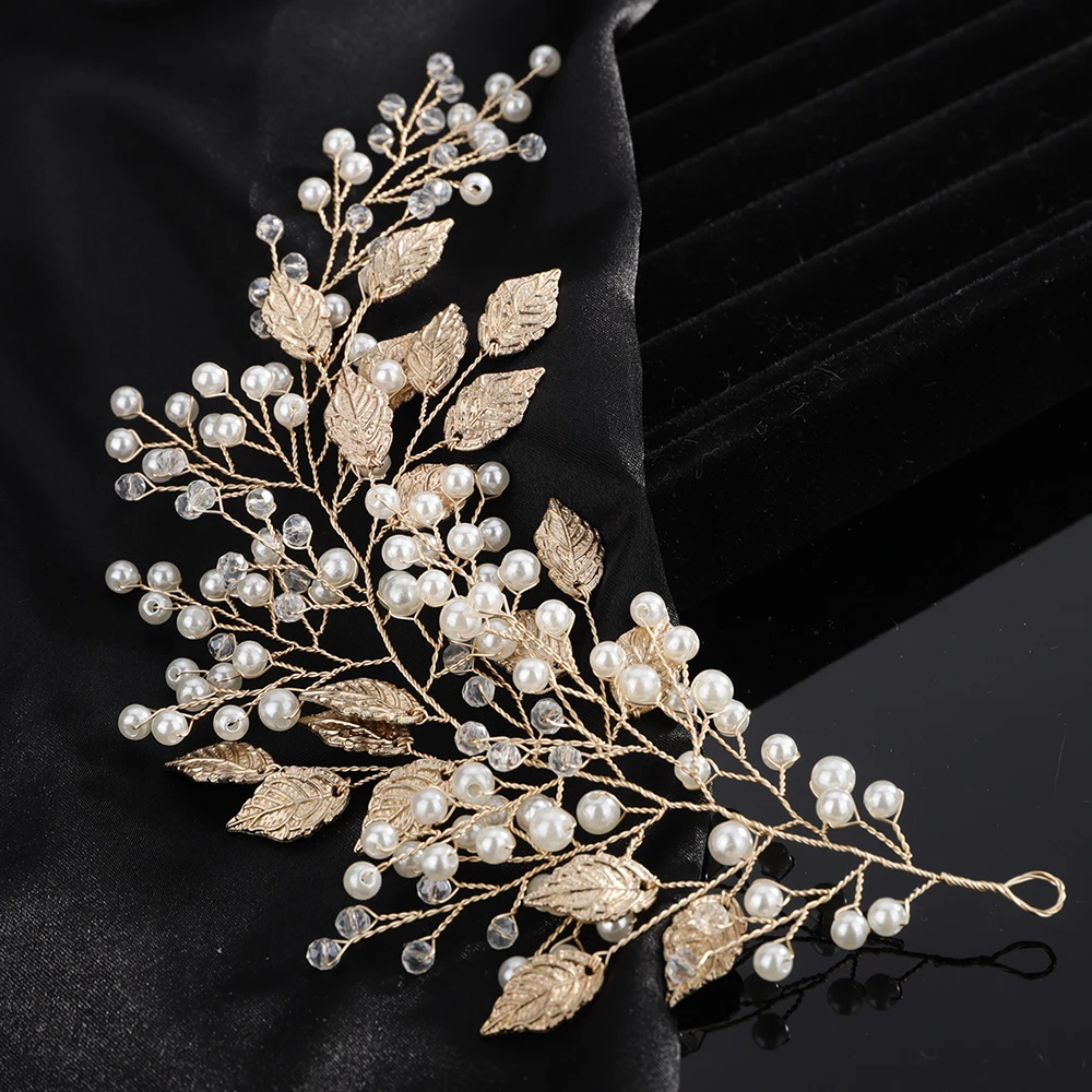 Hair Accessories Bridal Hair Accessories Pearl Crystal Wedding Hair Accessories Silver Gold Bridal Headband Women Jewelry Handmade Leaves Bride Party Headpiece Tiaras