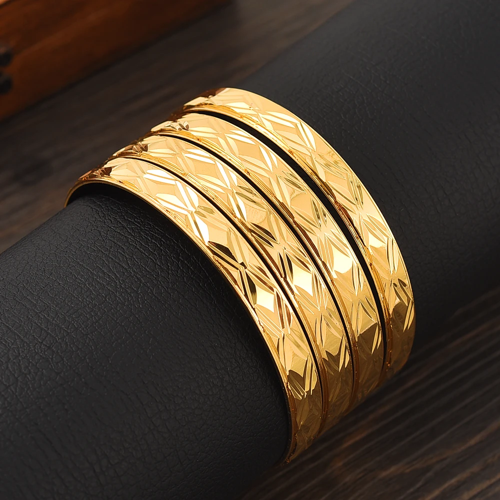 24k 65MM Dubai Wedding Bangles For Women Ethiopian Jewelry Gold Color Indian Bangles Bracelets Women Birthday Jewelry Gifts 2