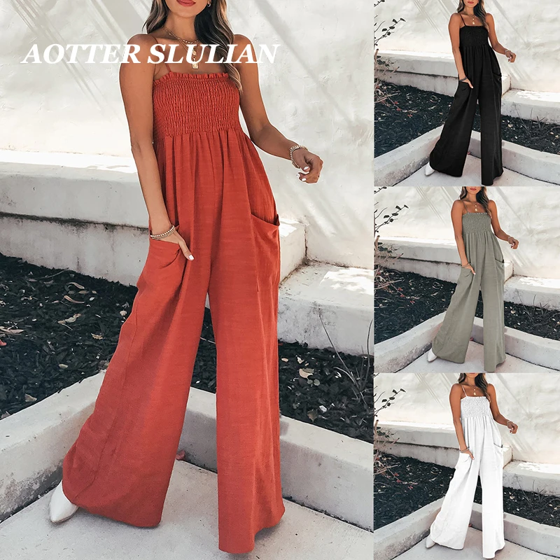 Women Loose Breathable Sleeveless Jumpsuit Fashion Outwear Solid Color Wide Leg Pants Drawstring Pleated Bodysuits With Pockets