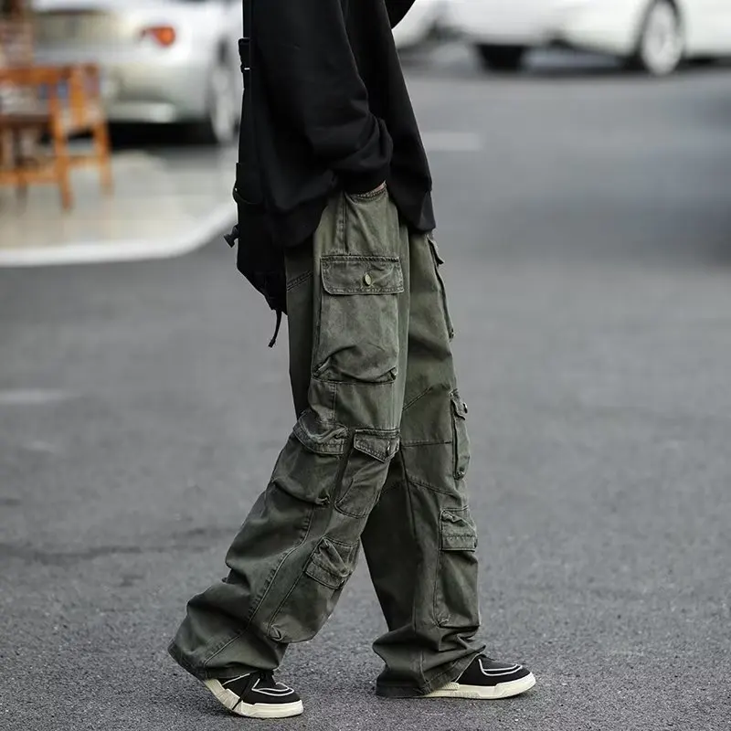 Men's Multi-pockets Cargo Pants 2022 Autumn Vintage Solid Color Hiphop  Overalls Baggy Casual High Street Mopping Trousers