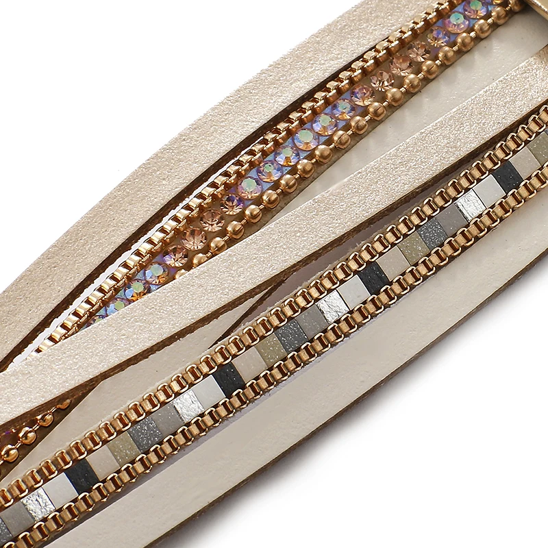 Leather Bracelet Charm Bracelet Crystal Rhinestone Bracelet ALLYES Stone Charm Leather Bracelets For Women Men Fashion Crystal Ladies Boho Multilayer Wide Wrap Bracelet Female Jewelry