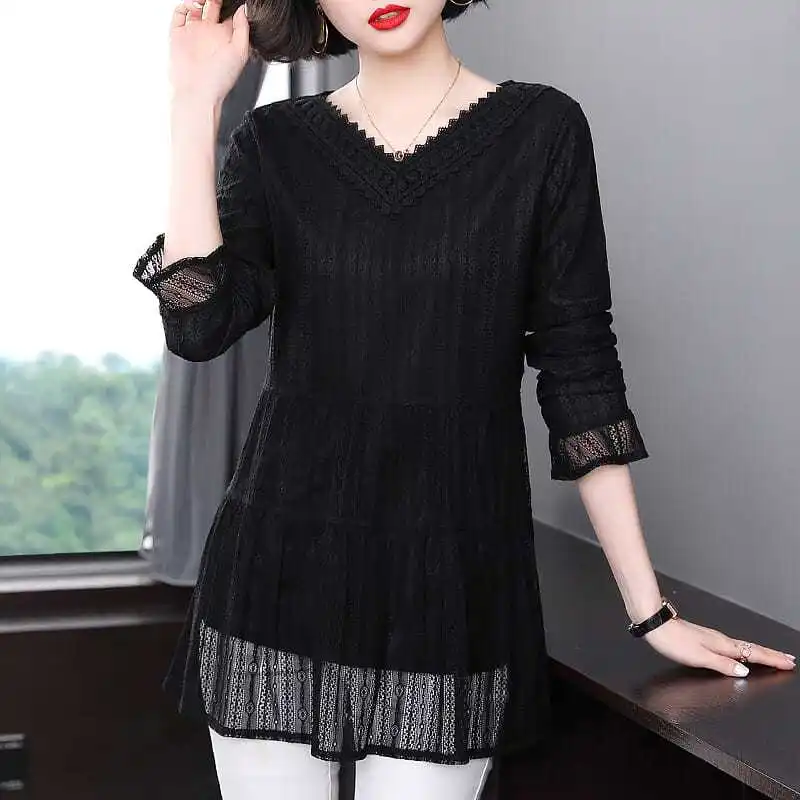 

Elegant V-Neck Solid Color Spliced Lace Blouse Women Clothing 2022 Autumn New Oversized Casual Tops All-match Office Lady Shirt