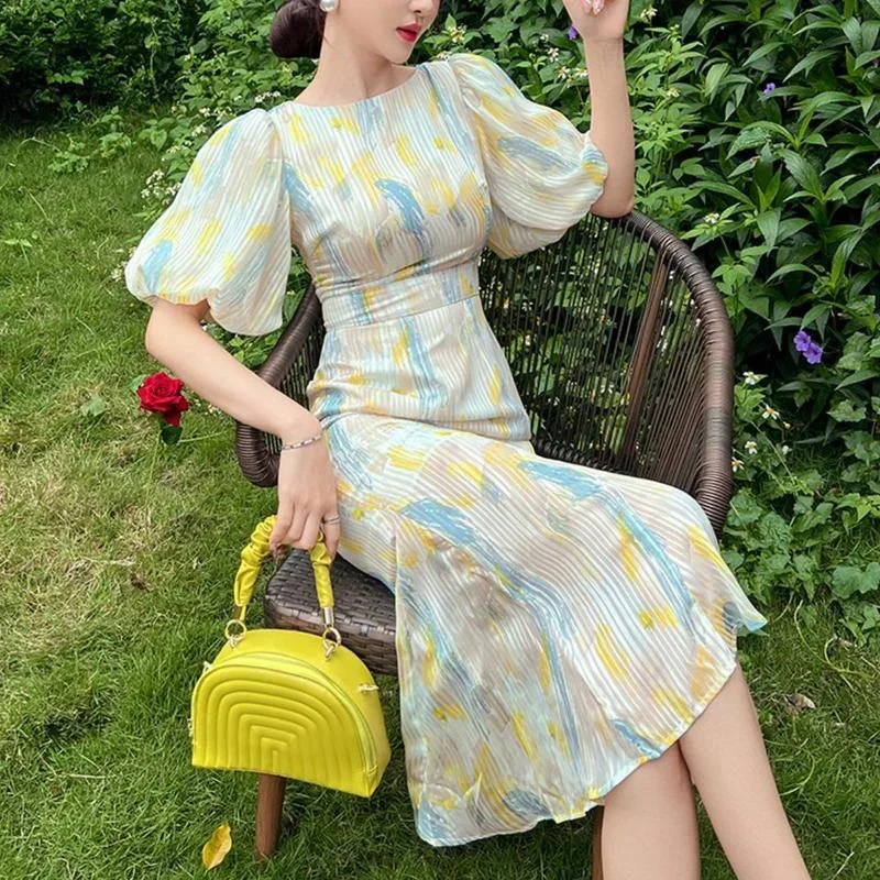 

Summer Women Vintage Dress Round Neck Puff Sleeve Printed Sexy Long Mermaid High Waist Midi Dress Elegant Retro French Dress