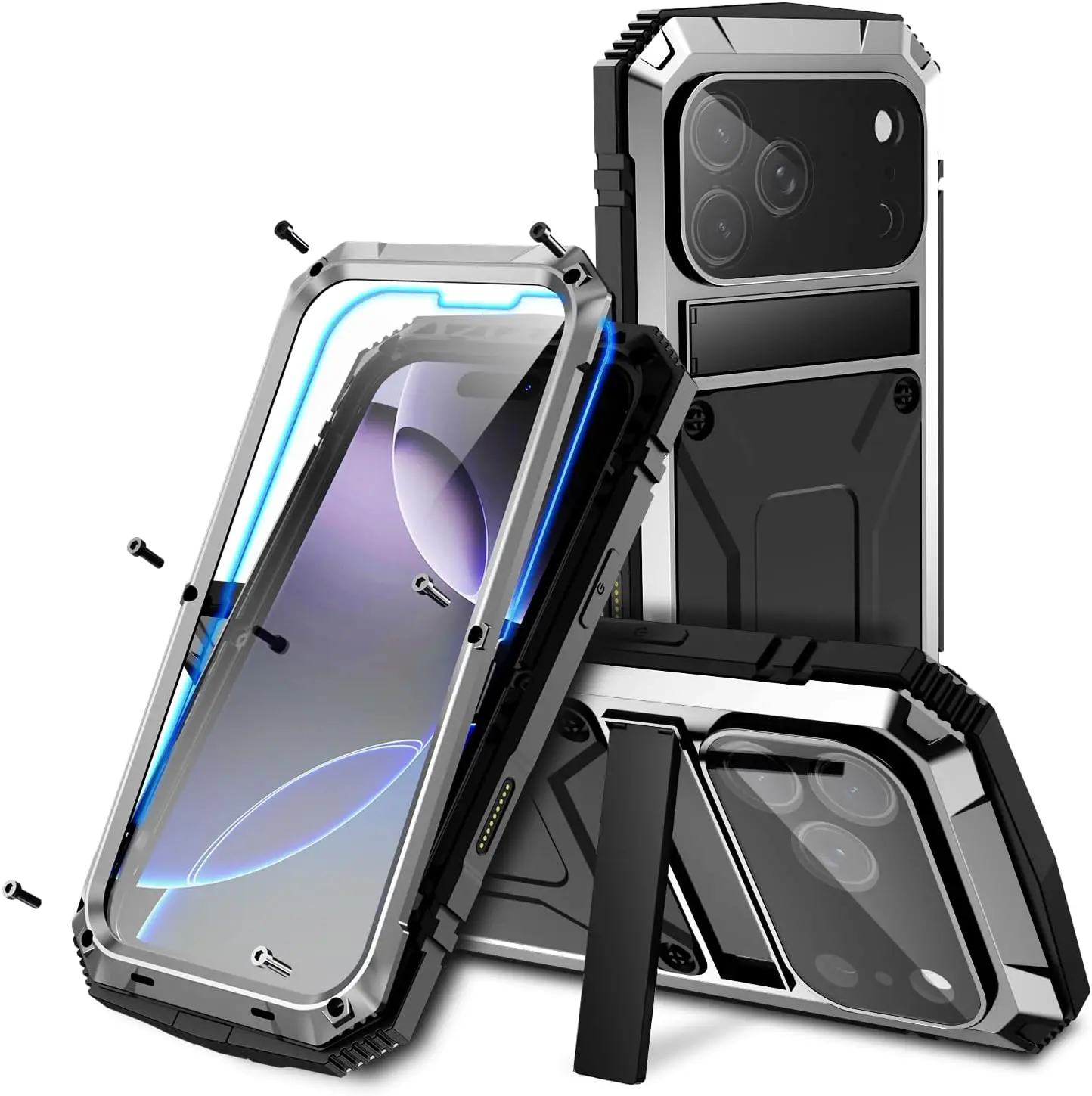 Premium Metal Heavy Duty Case with Kickstand and Glass Screen Cover