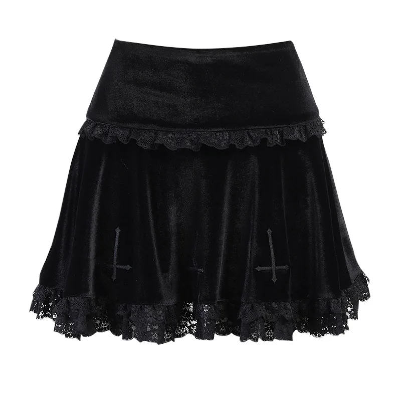 jin made double layered cross necked top waist length skirt three piece set for couples Women Vintage Harajuku High Waist Lace Ruffles Skirt Dark Cross Embroidered Lace Suede Skirt Goth Dark Mall Gothic Y2k Skirt