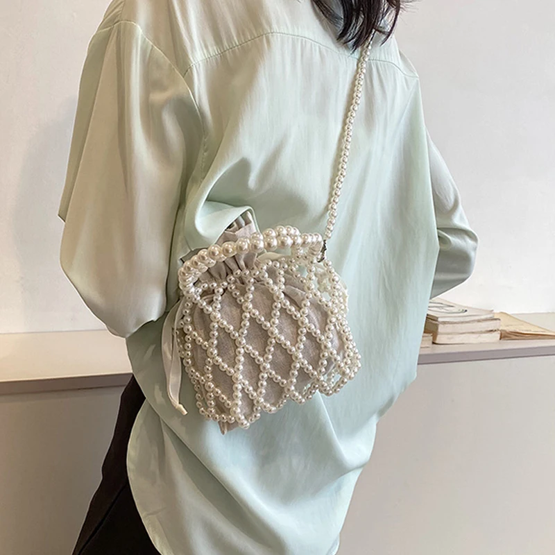 Handmade Pearl Bag Sweet Designer Brand Shoulder Tote Bag Bead Handbag Women Summer Party Small Bucket Purse