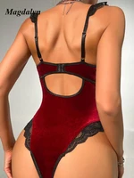 Magdalyn Women Velour Lace Bodysuits Fashion Casual Skinny Velvet Combination Rompers Chic Sexy Strappy Floral Bodycon Catsuits - Image 5