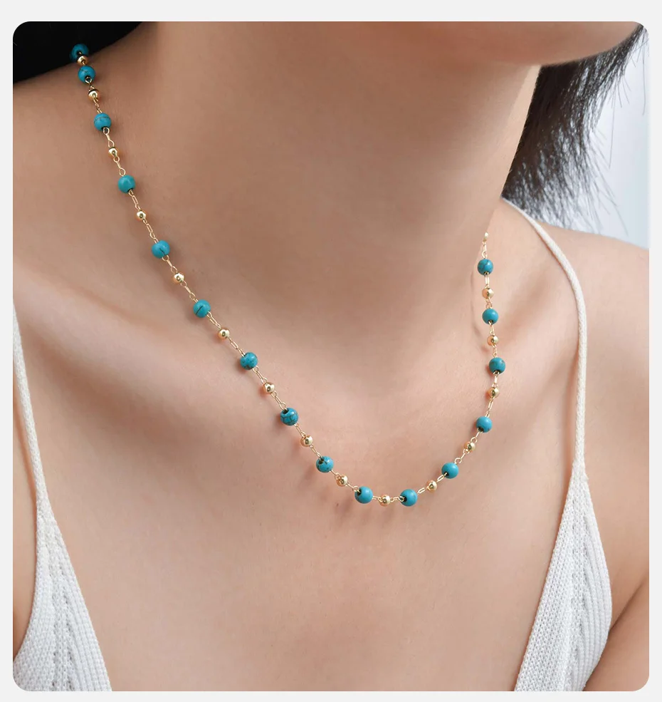 Vnox Charm-Halskette mit türkisfarbenen Perlen für Damen, böhmischer Stil, hübsche Kette, Schmuck, Geschenke für Mädchen – Detail 2