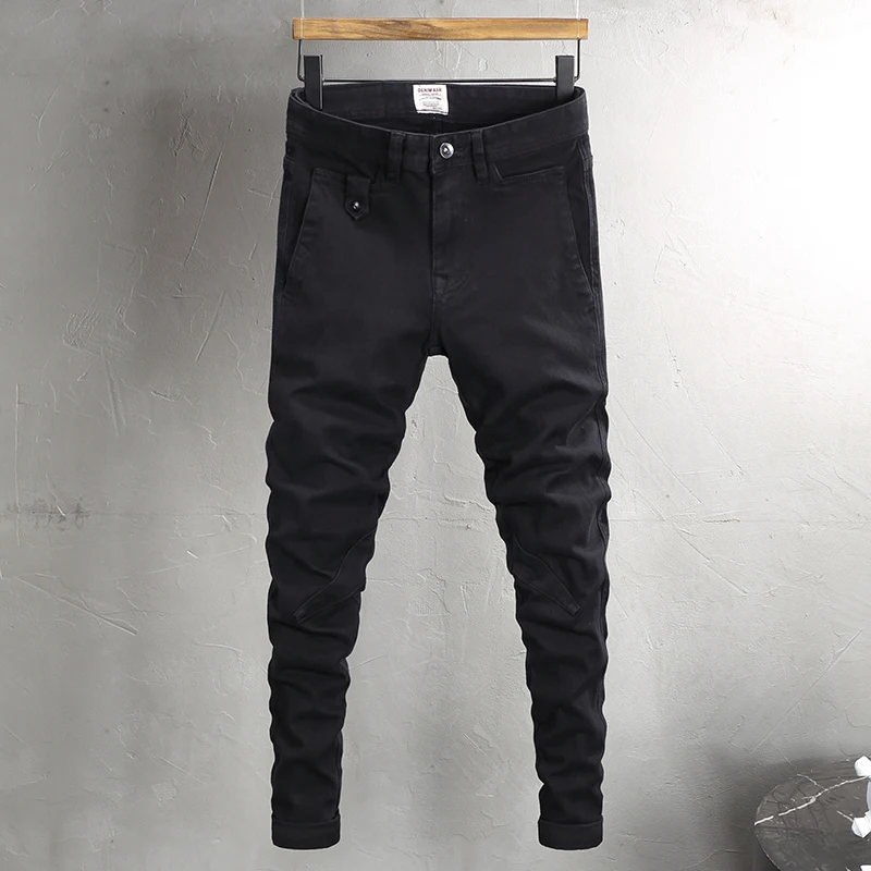 ENZO - Pantalones De Mezclilla Para Hombre, Súper Ajustados, Elásticos, Retro, Negro