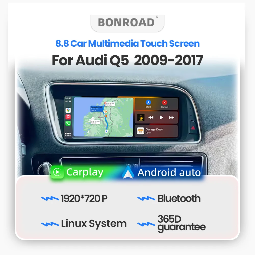 BONROAD Reproductor de radio para coche inalámbrico CarPlay de 8,8 pulgadas, 1920*720P, pantalla táctil Multimedia, Android Auto para Audi Q5 2009-2017 con AirPlay Auto Link, Bluetooth 5,0, navegación GPS 1