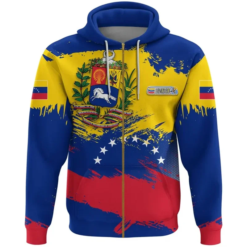 thumbnail image 1 of Sudadera con cremallera y estampado 3D de la bandera de Venezuela para hombre, sudaderas con emblema nacional, sudaderas holgadas de moda para deportes callejeros, 1 of 4