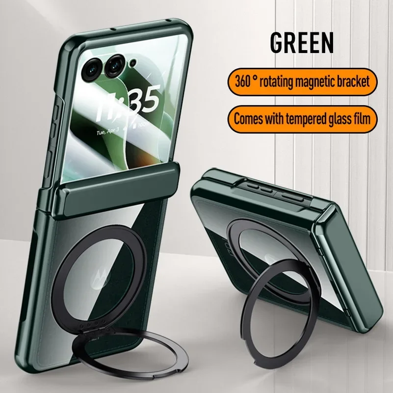Magnetic Metal Ring Holder Clear Tempered Glass Phone Case with Spring Protection