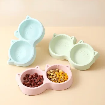 Pet Cat Double Bowl Eco-friendly PP Material Cartoon Cat Face Shape Food Water Feeding Bowl Non-slip Puppy Cat Feeder Supplies 1