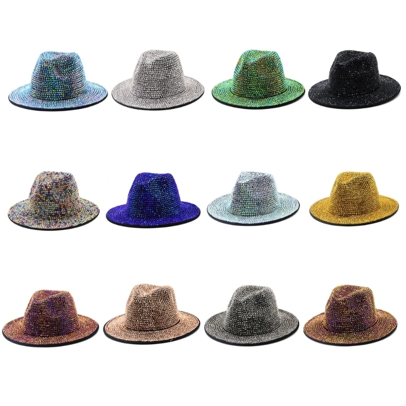 

Full Diamond Adjustable Flat Top Fedora Hat Bling Panama Spring Summer Men Wide Brim Felt Stage Hat