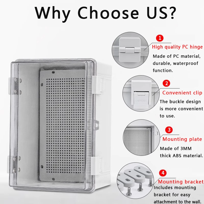 Electric distribution box Outdoor Waterproof Electronic Box IP66 Grey/Transparent Cover Distribution Case ABS Housings with Buckle Plastic Junction Box