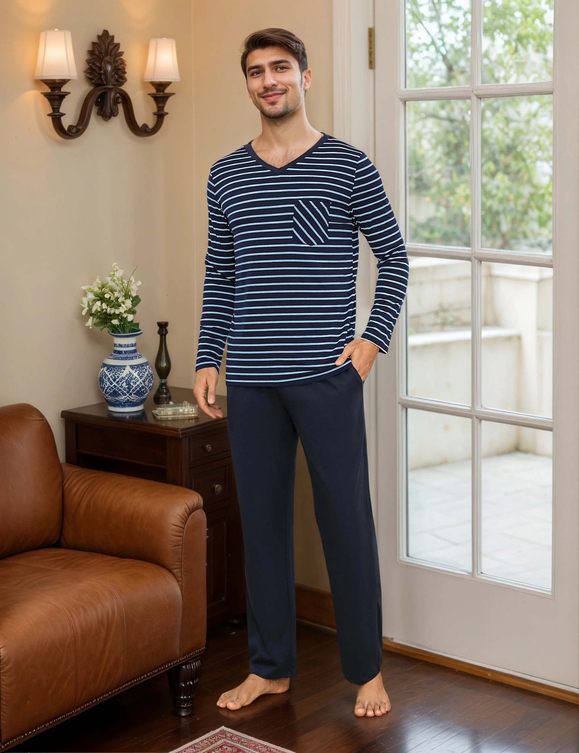 Langes Baumwoll-Pyjama-Set für Herren, Herbst- und Winter-Stil, Herren-Loungewear, langärmliger Baumwoll-Pyjama, zweiteiliges Set aus Baumwolle, bequemer und atmungsaktiver Heim-Pyjama – Detail 6