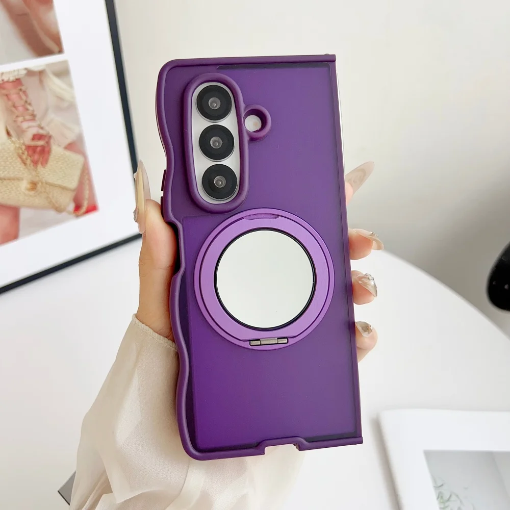 360° Rotating Mirror Stand Magnetic Case with 3D Wave Border and Shockproof Bumper