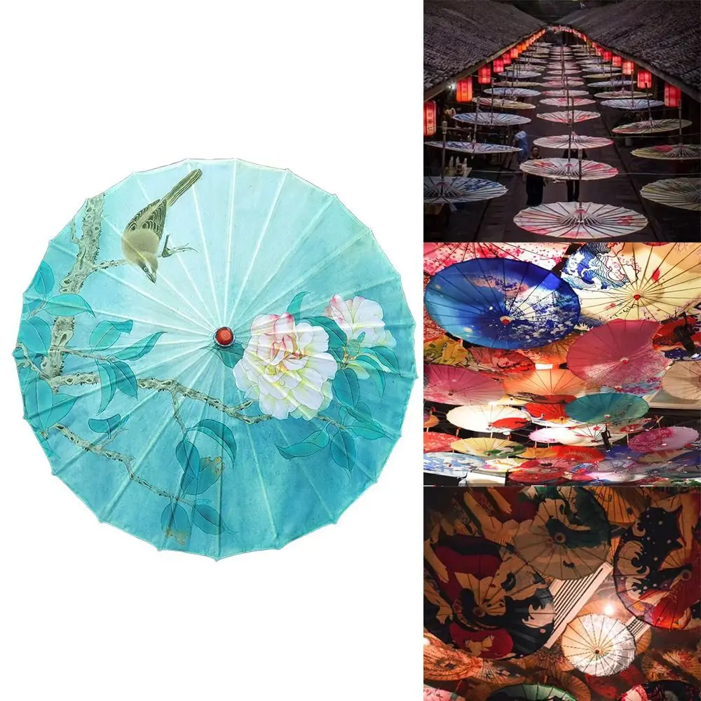 Vintage Oiled Paper Umbrella Patterned Handmade Stick Umbrella Long-handle Colorful Chinese Silk Wedding Parties
