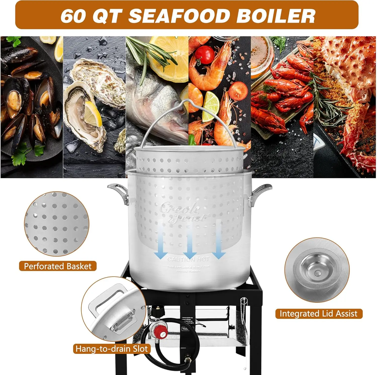 Feast SBK0601 60 Qt. Seafood Boil Pot with Basket and Burner, Outdoor Aluminum Propane Seafood Boiler with 10 PSI Regulator