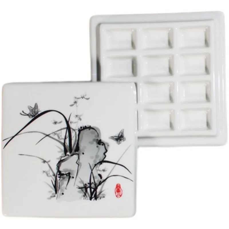 Ceramic 12 Holes Paint Palette Square Watercolor Painting Tray for Watercolor Gouache Drawing Art Supply