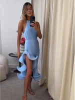 Robe longue maxi chic pour femme, style romantique, à col licou et à lacets, en maille côtelée, à volants, fendue haute, coupe ajustée, tendance printemps 2026, Vestidos 5