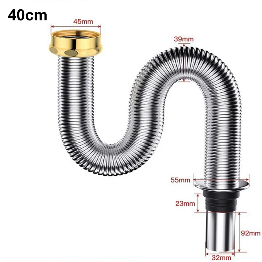 

Bathroom Stainless Steel Sink Pipe Hose Extension Siphon Waste Drain Valve Flexible Drain Pipe Waste Drain Useful 40cm/60cm R M