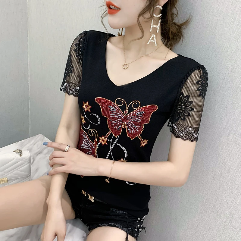 여성용 메쉬 티셔츠, 섹시한 V넥, 반짝이는 다이아몬드, 반팔, 패션 상의, 여름 신상, 유럽 의류