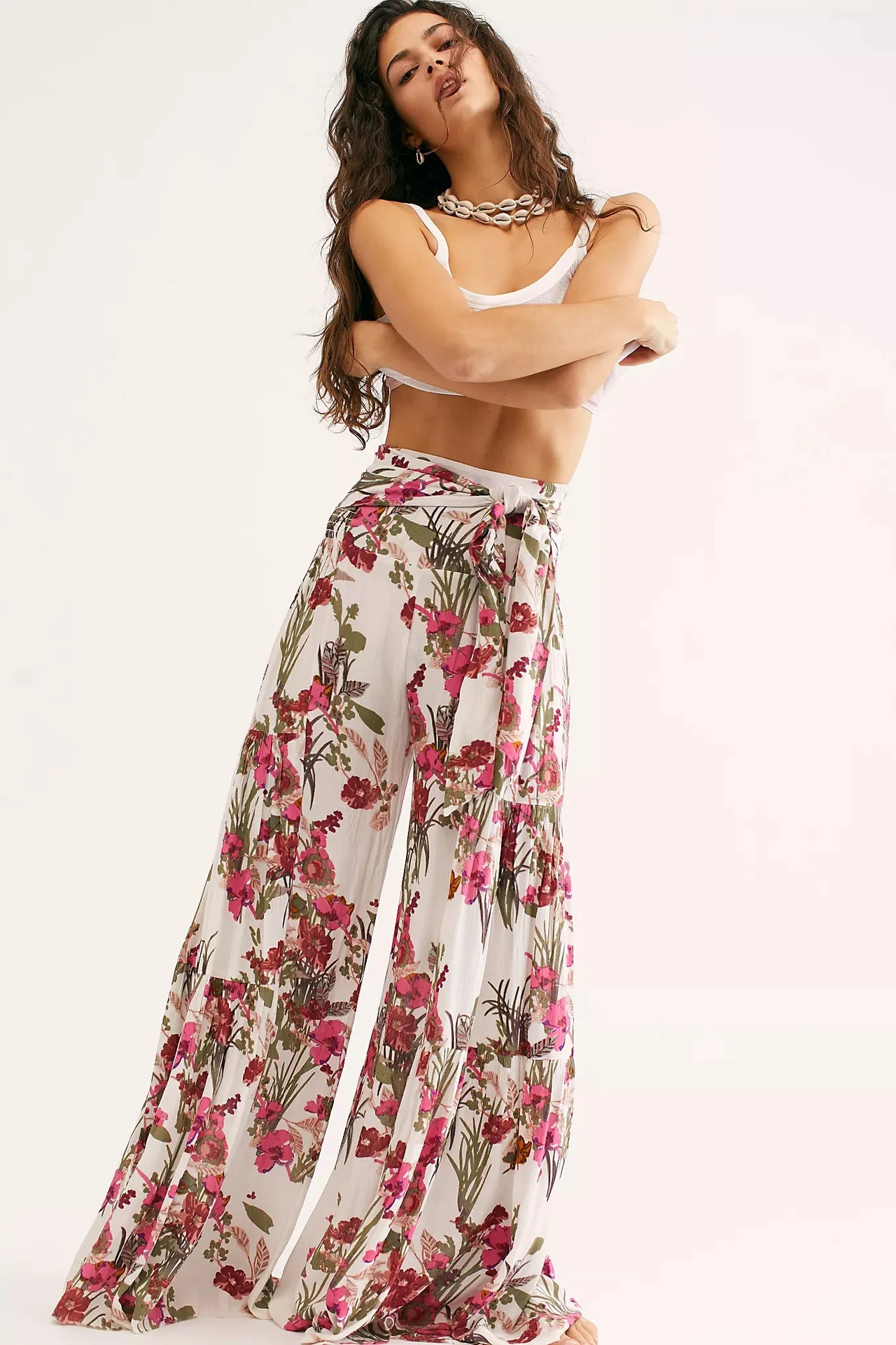 

Elastic High Waist Elegant Women Casual Vintage Print Beach Wide Leg Pants Summer Harajuku Fashion Bell Bottom Floral Trousers