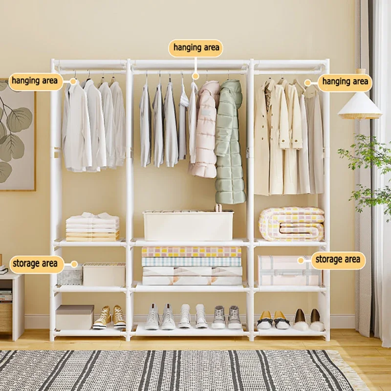 Clothes Rack Floor Hanging Clothes Hanger Shoe and Hat Integrated Garment Drying Rack Storage Shelf Home Organizer