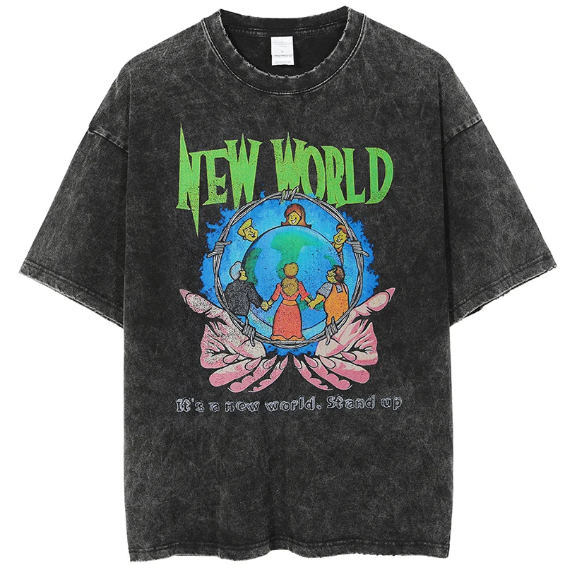 

Vintage Washed T-Shirt Harajuku Funny Earth Graphic T Shirt 2023 Men Cotton Tee Shirt Short Sleeve Hip Hop Streetwear Tops Tees