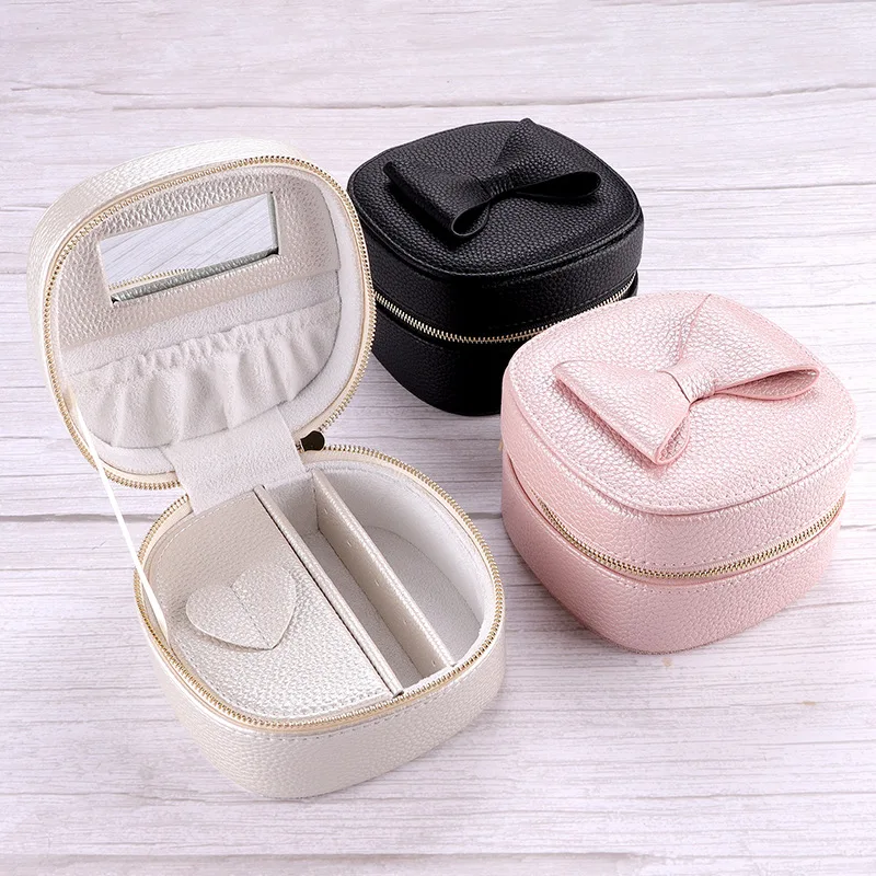 Small Portable Jewelry Travel Organizer Box With PU Leather Rings Earrings Bow Design Of Jewely Case Gifts For Mother Girlfriend