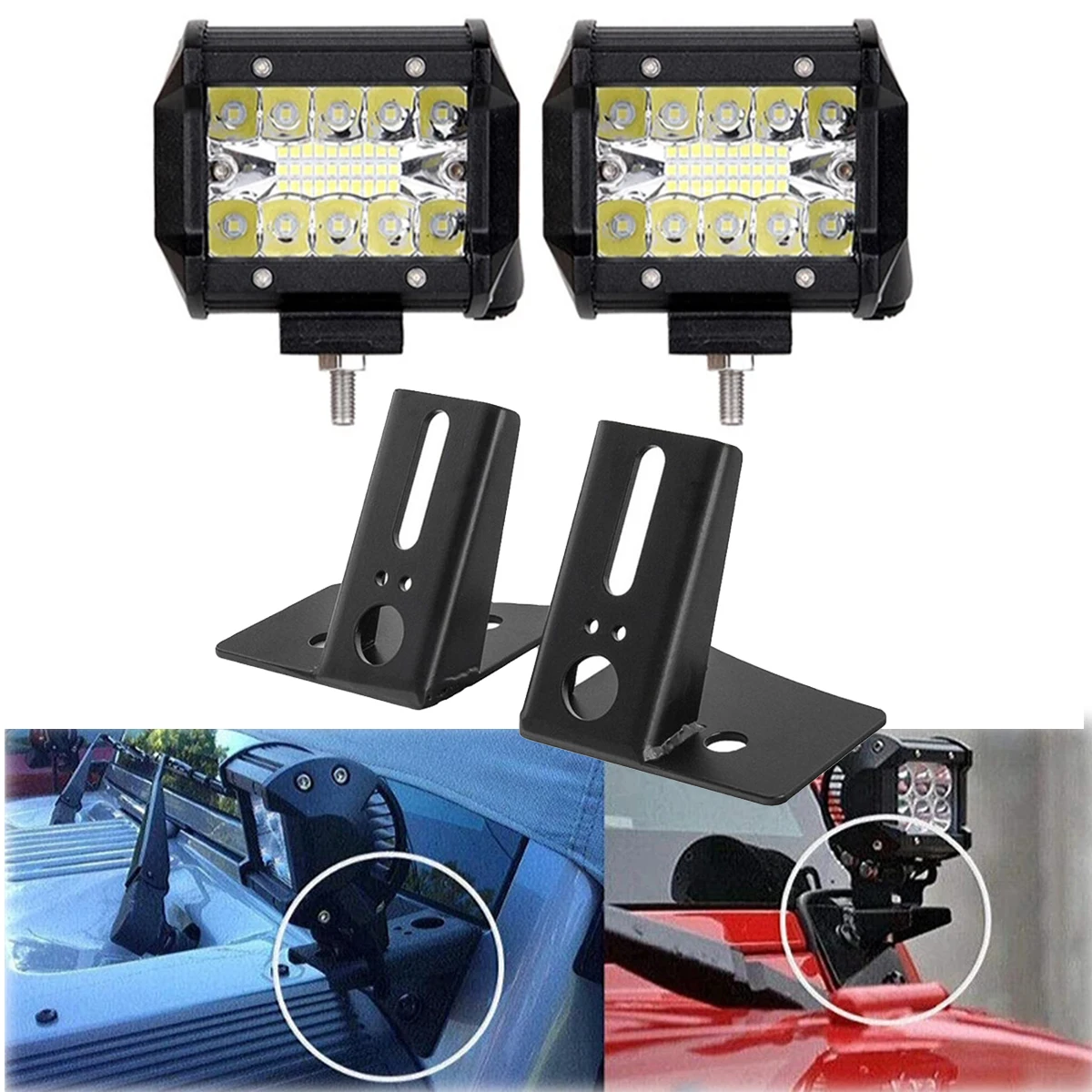 

4inch 60W LED Work Light Offroad Driving Lamp 12V 24V + A-Pillar Mounting Bracket Holder For Jeep Wrangler JK 2007-2017 Lights