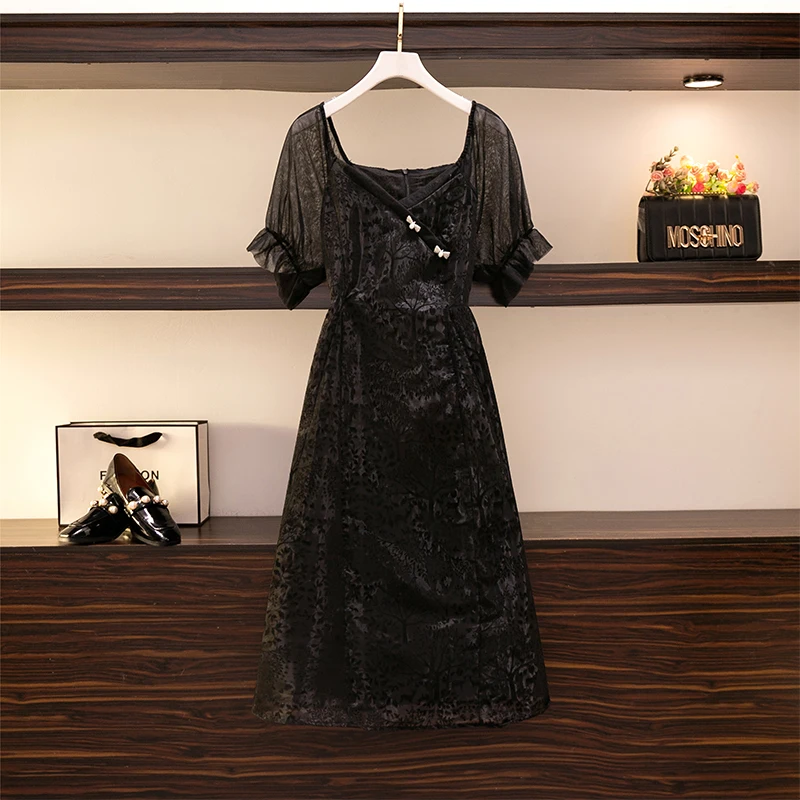 

Plus-size Women's Summer Casual Dress Black polyester loose comfortable long dress Bow decal embellished party dress
