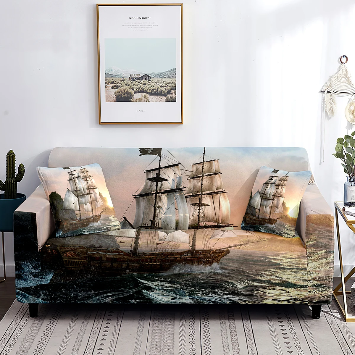 

Nautical Stretch Sofa Cover Pirate Yacht Adventure Theme Couch Cover Slipcover Ocean Pattern Furniture Protector From Dust Stain