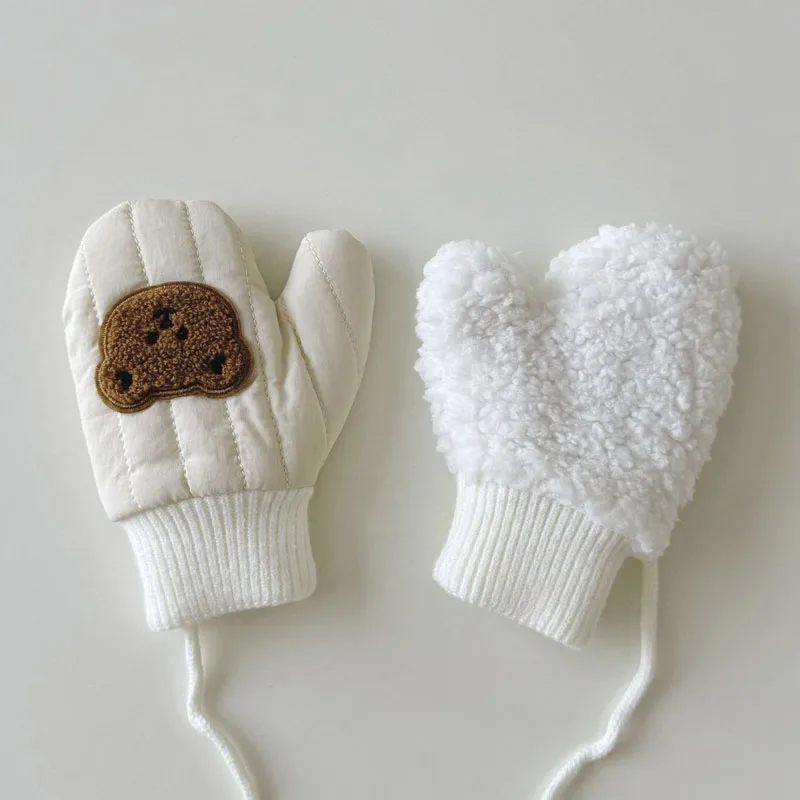 Korean Thick Cartoon Bear Hanging Neck Gloves Baby Winter Fingerless Gloves Cute Bunny Plush Warmer Mittens Boy Girl Kids Gifts