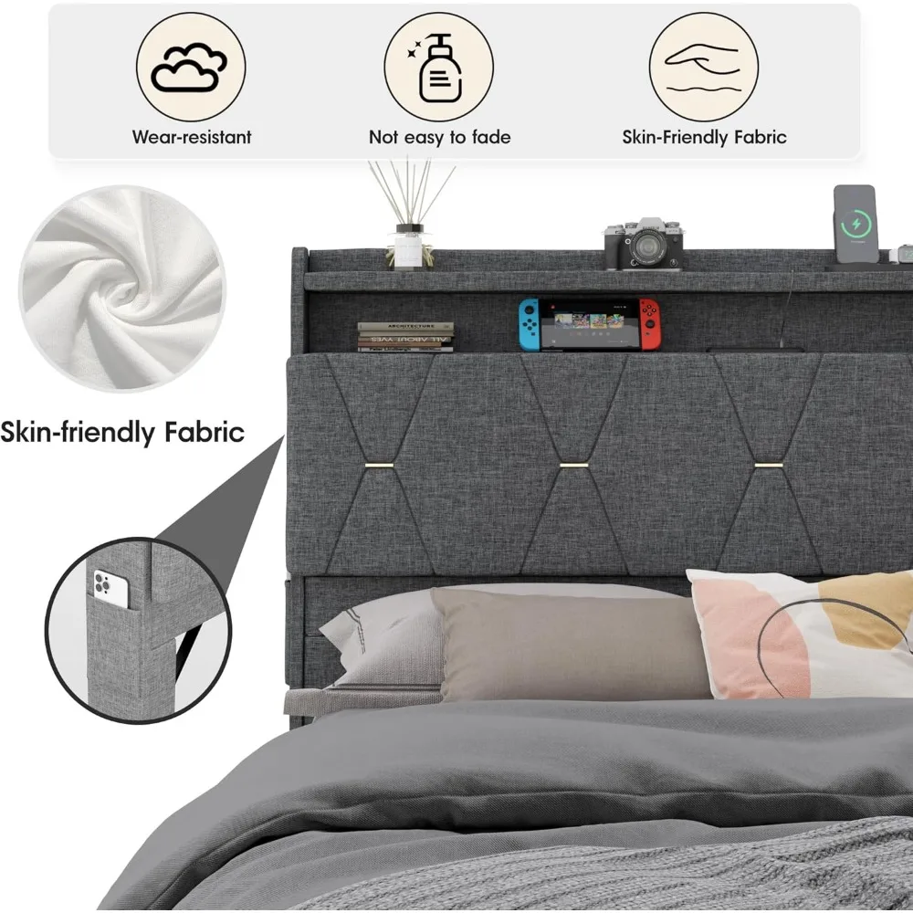 Large Lift Storage Bed Frame, Storage Headboard with Charging Station, Soft Cushioned Platform Bed with LED Lights 5