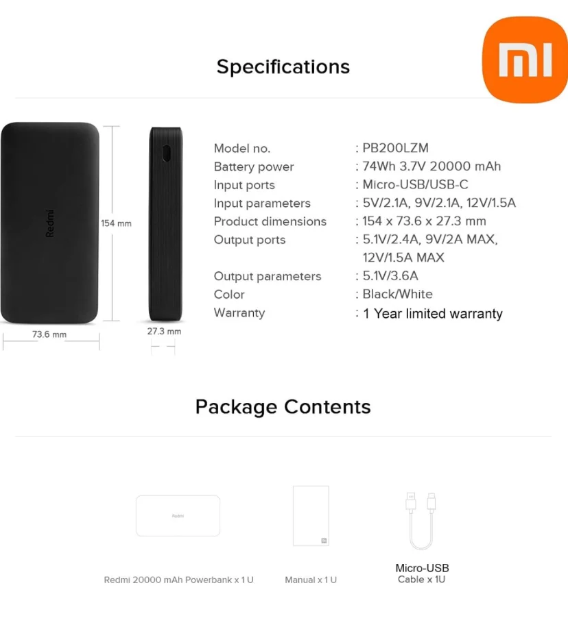 Power Bank Xiaomi Redmi 18w 20000mAh Carga Rápida Negro — ZonaTecno