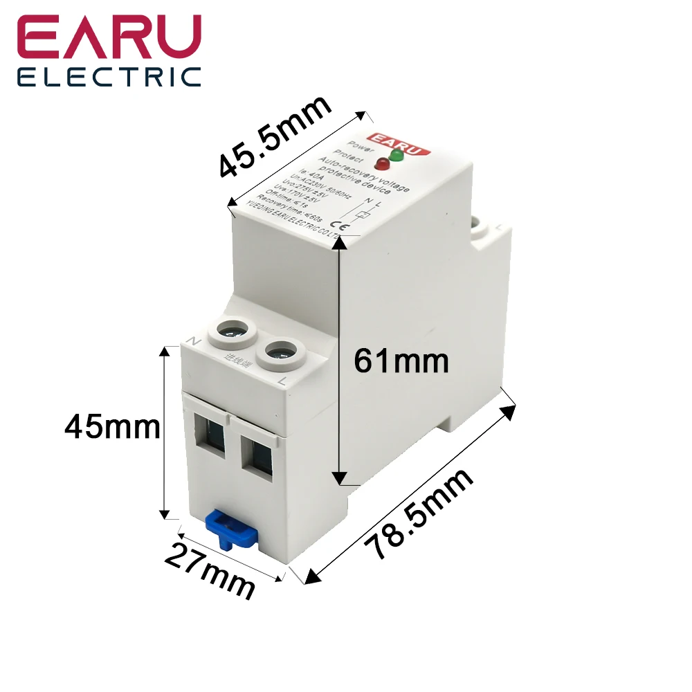 Relé de protección de dispositivo de protección contra sobrevoltaje y bajo voltaje, reconexión de recuperación automática de Riel Din, 1P + N, 27mm, 40A, 63A, 230V