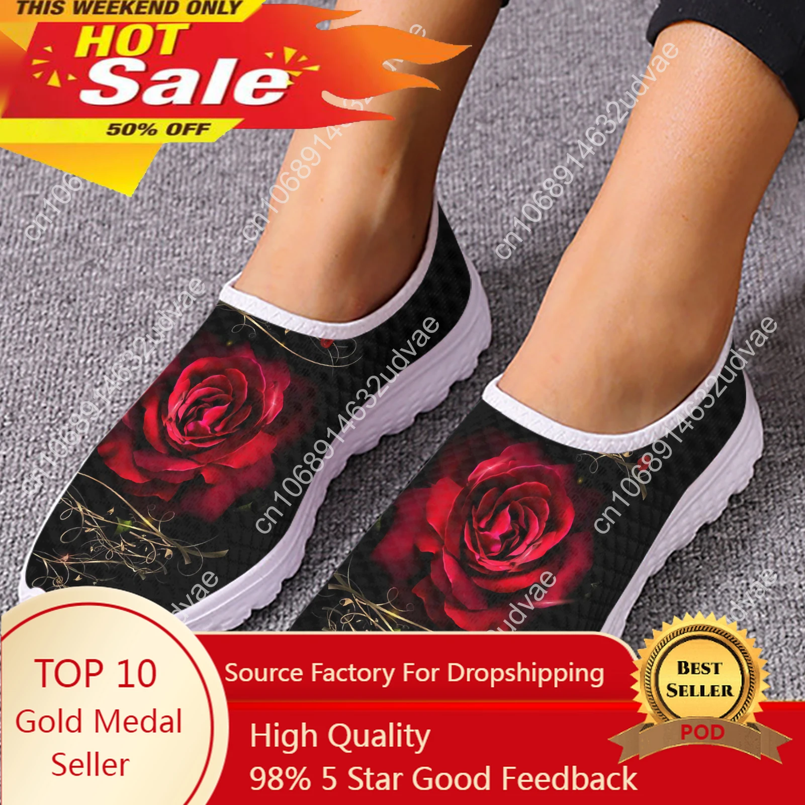 Luxury Brand Art Rose Flower Printed Girls Mesh Sneakers Summer Soft Slip-on Flat Shoes Breathable Beach Loafers Hot