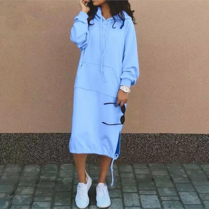 

2023 Autumn and Winter Fashion New Women Sweater Robe Large Hooded Elegant Pocket Split Warm Hoodie Long Dress Vestido Ocasional