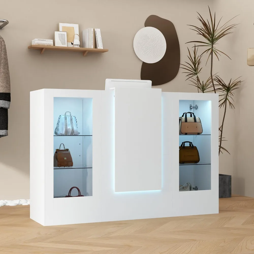 59.1 Inch LED Reception Desk with Glass Display Shelf, Cable Grommet & Storage - White
