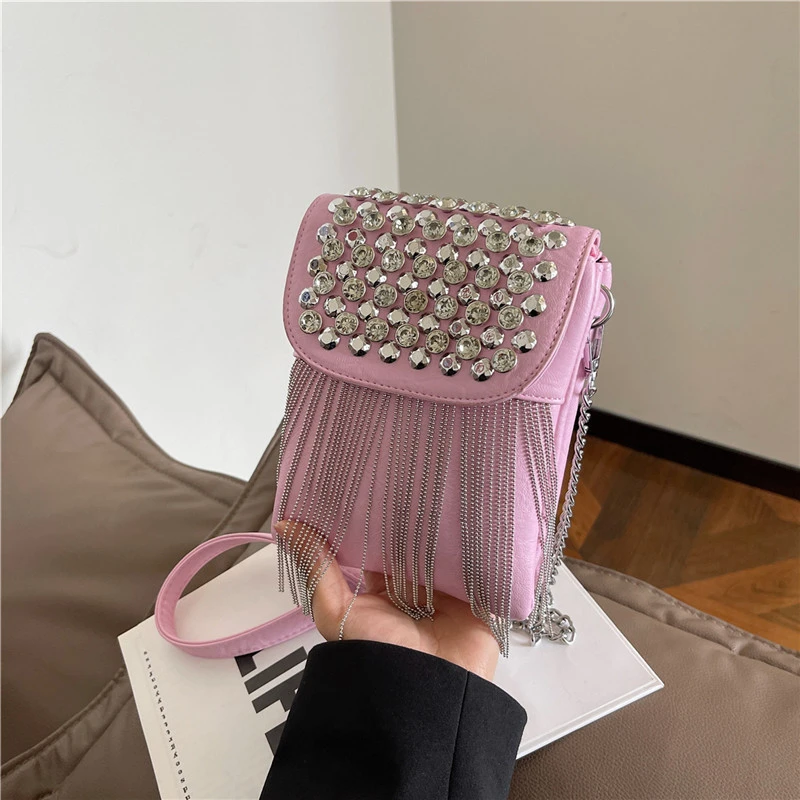 Quaste Umhängetasche einfarbig Pu Leder Damen tasche Luxus besetzt Diamant Handtasche Mode Mini kleine Umhängetasche – Detail 26