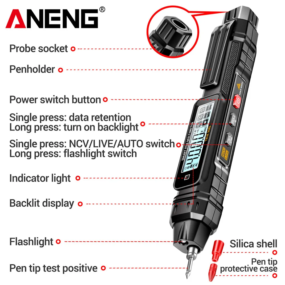 ANENG A3005 디지털 멀티미터 4000 카운트 NCV 감지기 백라이트 손전등이 있는 AC/DC 전압 저항 테스터 전기 기술자용 가정용
