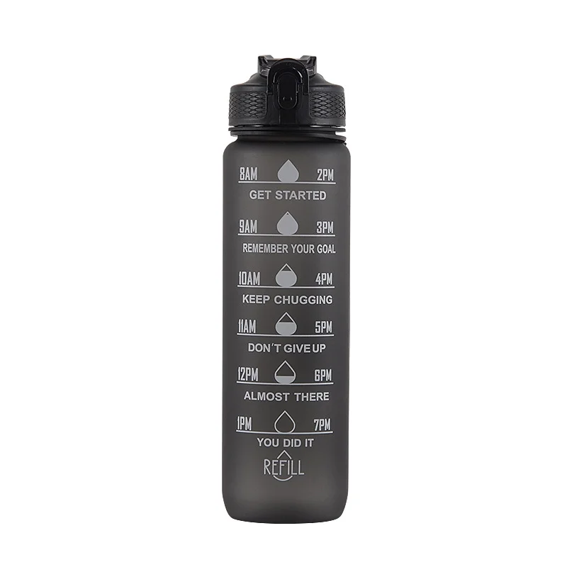 Water Bottle 1L with Straw Motivational Time Marker & Buckle Strap Leak-Proof Tritan BPA-Free Sports Water Bottle
