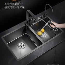 German Black Kitchen Sink Double Nano Kitchen 304 Stainless Steel Sink Home Improvement Wash Basin Kitchen Faucets Accessories