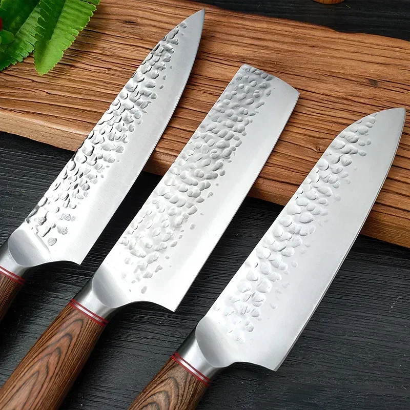 1-7pcs Stainless Steel Knives Set Forged Hammer Boning Butcher Knife Japanese Chef Santoku Cutting Cleaver BBQ Tools