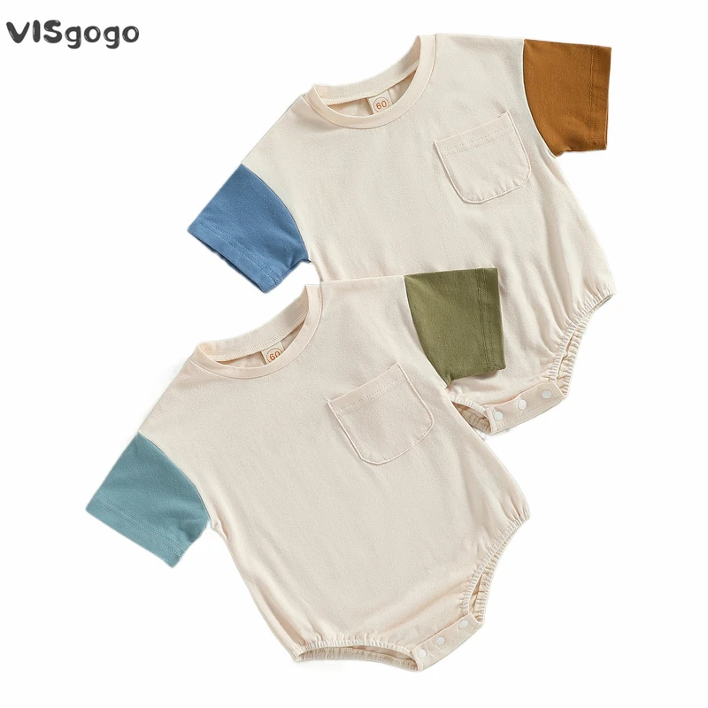 VISgogo 베이비 걸 보이 롬퍼 반팔 라운드 넥 패치 컬러 쇼트 점프수트, 캐주얼 봄 여름 롬퍼 탑스