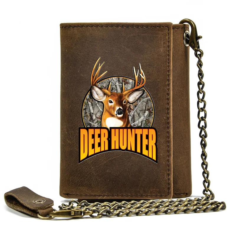 

High Quality Men Genuine Leather Wallet Anti Theft Hasp With Iron Chain Vintage Deer Hunter Cover Card Holder Short Purse