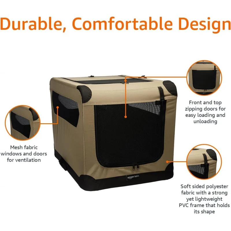 Basics-Folding Soft Crate for Cat, Dog, Rabbit, 36 Inch, Tan, 35.8"L x 24.0"W x 24.0"H
