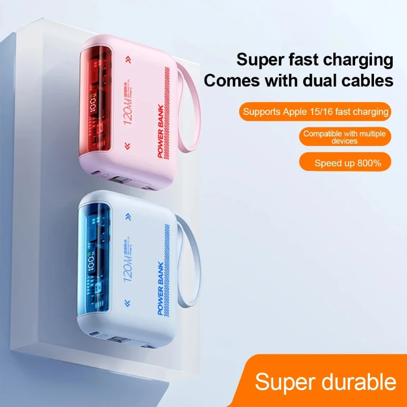 20000mAh 대용량 보조배터리 120W 초고속 충전 내장 케이블 휴대용 충전기 모든 스마트폰용